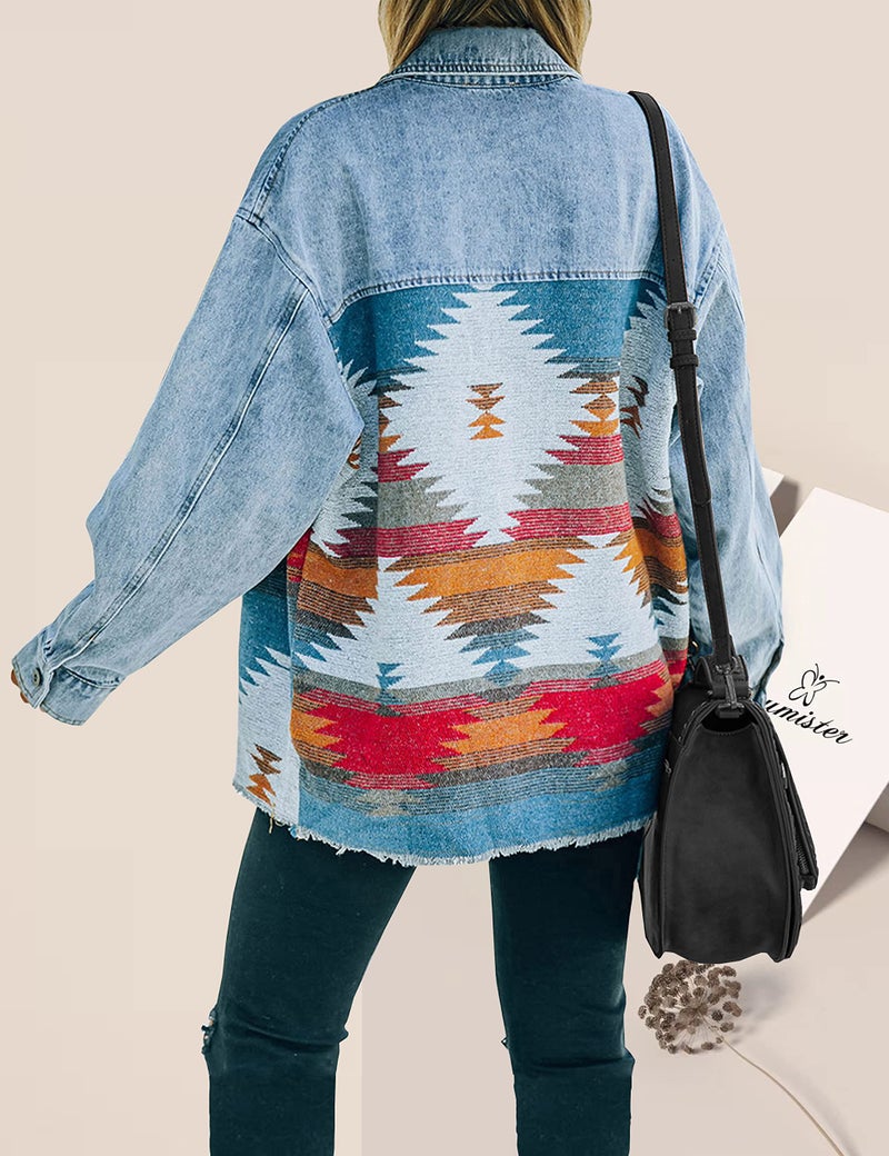 Lumister Aztec Denim Jacket Distressed Lapel Long Sleeve Vintage Button Down Jean Jacket Shacket(0007-Blue-XL) - Image 4