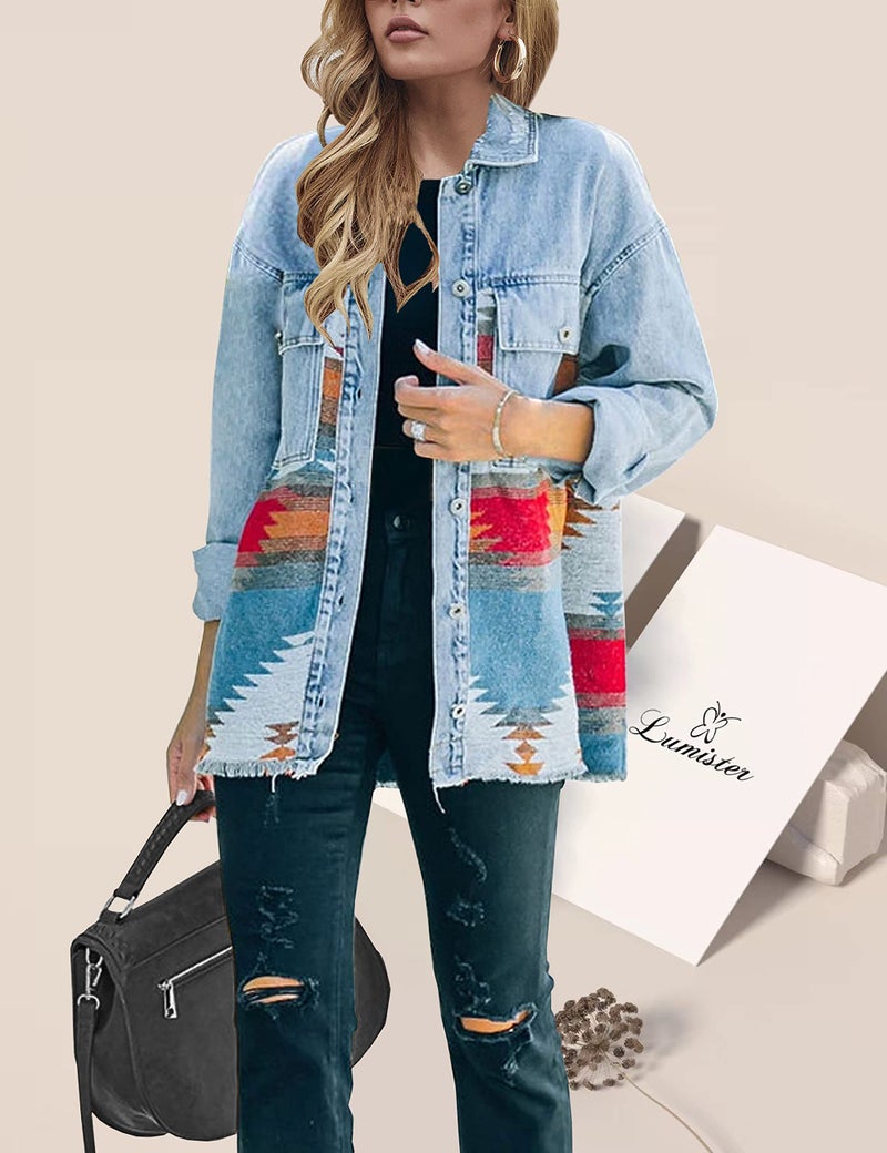 Lumister Aztec Denim Jacket Distressed Lapel Long Sleeve Vintage Button Down Jean Jacket Shacket(0007-Blue-XL) - Image 2