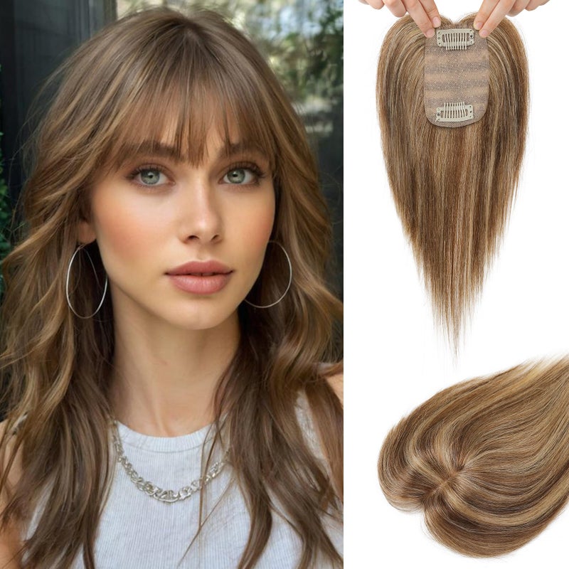 Flufymooz Real Human Hair Toppers for women 10 Inch Clip in Bangs 100 Human Hair Toppers for Thinning Hair Cover Hair Topper Hair Pieces with 150 Density Silk BaseMedium Brown with Blonde