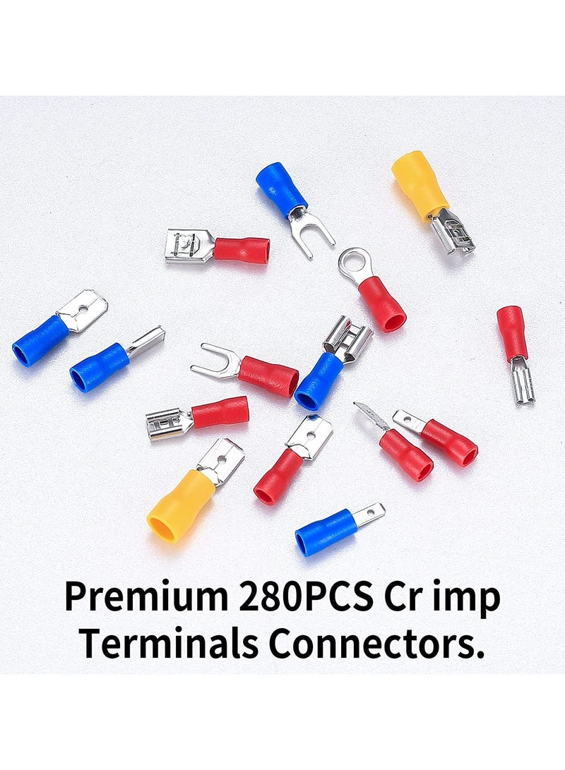 TOOINKCV 280-Piece Assorted Electrical Wire Connectors Kit – Insulated Crimp Terminals, U-Type, Fork, Ring, Spade, and Bullet Connectors for Automotive and Electrical Wiring