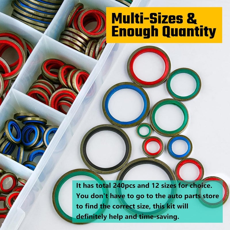 KOOTANS 240pcs 12 Sizes NBR Metal Bonded Sealing Washer Assort Kit Hydralic Oil Resist Rubber Oil Pipe Seal Gasket Metric NBR Metal Combination O-Ring Assortment Kit - Image 3