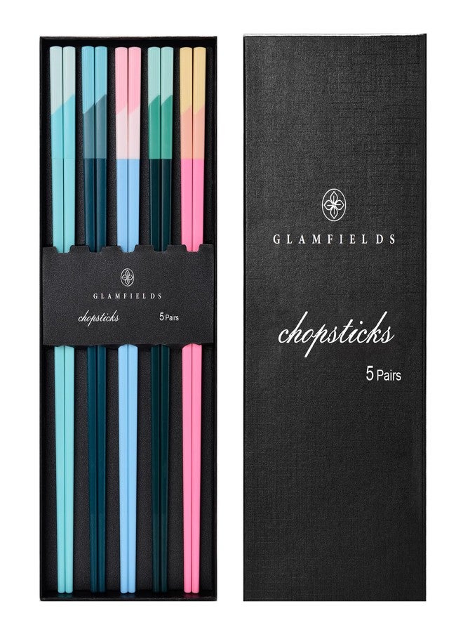 GLAMFIELDS Chopsticks Reusable Dishwasher Safe, GLAMFIELDS 5 Pairs 9.5 Inches Premium Chop Sticks Set for Sushi, Ramen, Asian Cuisine, Matte Non-slip with Gift Case, Pink + Light Blue - Image 1