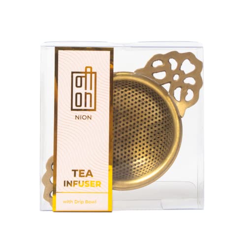 NION Premium Brass Tea Strainer Gold with Drip Bowl | Perfect for Steeping Loose Leaf Tea Infuser Strainer Teapot | Solid Brass Drip Bowl - Image 1