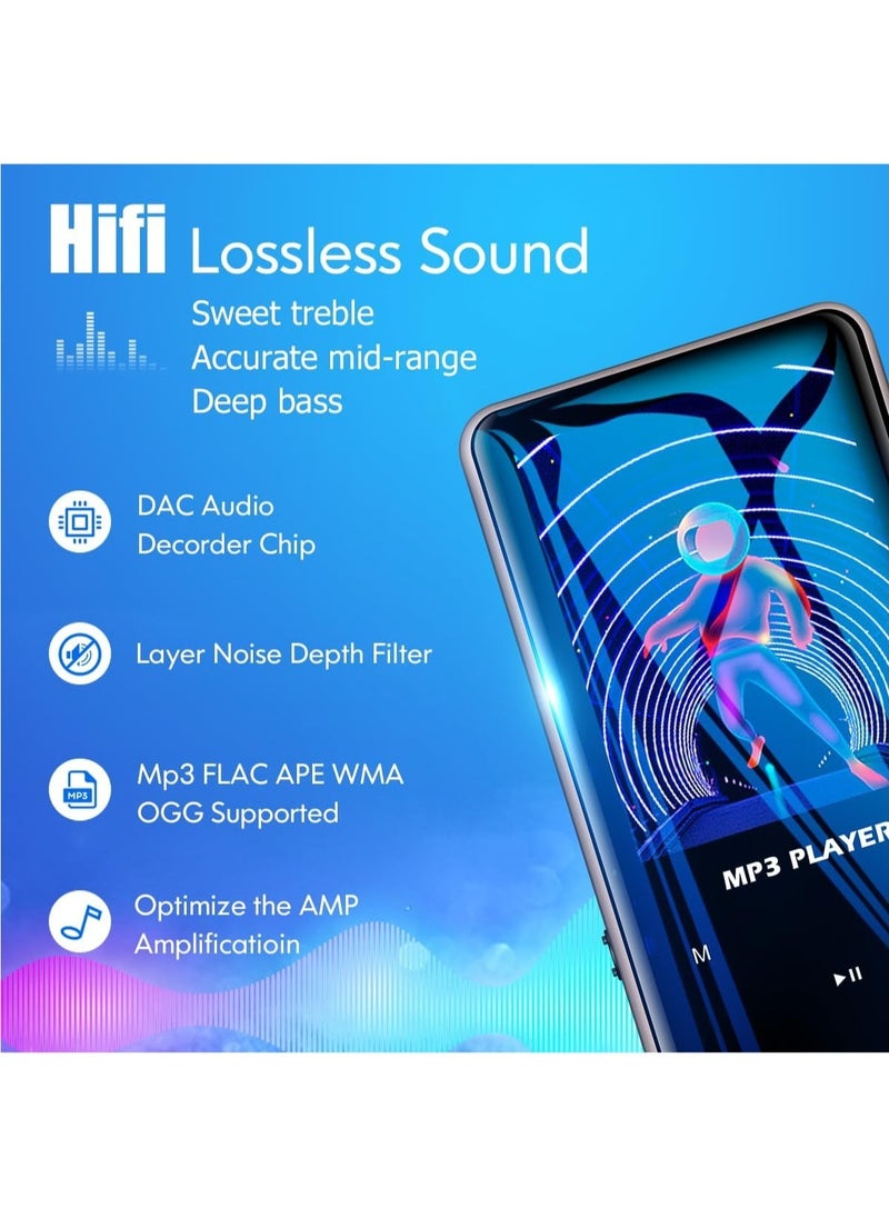 LAESO - 96GB Mp3 Player with Bluetooth 5.0 Music Player Voice Recorder Portable Digital Lossless Music MP3 MP4 Player for Kids with FM Radio HD Speaker for Sports Running Super Light Metal Shell Touch Buttons - Image 1