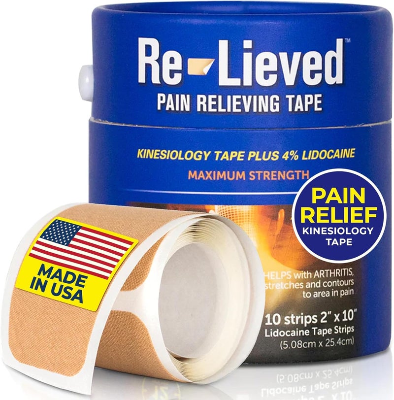 Relieved 4% Lidocaine Maximum Strength Pain Relief Kinesiology Tape - Relieves Back, Joints and Muscle Pains - Superior Sticking, Aluminum-Free Water Resistant, and USA Made - 2" x 10" Strips - Image 1