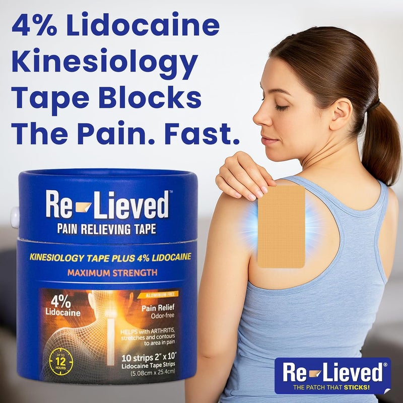 Relieved 4% Lidocaine Maximum Strength Pain Relief Kinesiology Tape - Relieves Back, Joints and Muscle Pains - Superior Sticking, Aluminum-Free Water Resistant, and USA Made - 2" x 10" Strips - Image 5