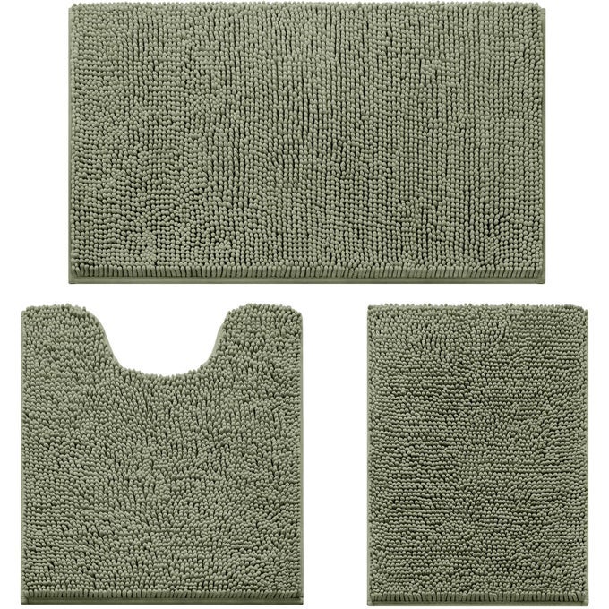 3 PIECES BATHROOM RUGS ULTRA SOFT NON SLIP ABSORBENT CHENILLE TOILET BATH MAT SET SAGE GREEN
