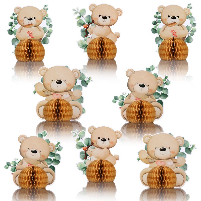 HI-BOOM Hiboom 8 Pcs Bear Baby Shower Honeycomb Centerpieces Bear Baby Shower Party Supplies Bear Baby Shower Decorations Party Centerpieces Paper Fan Table Topper Honeycomb for Birthday Wedding Party - Image 1