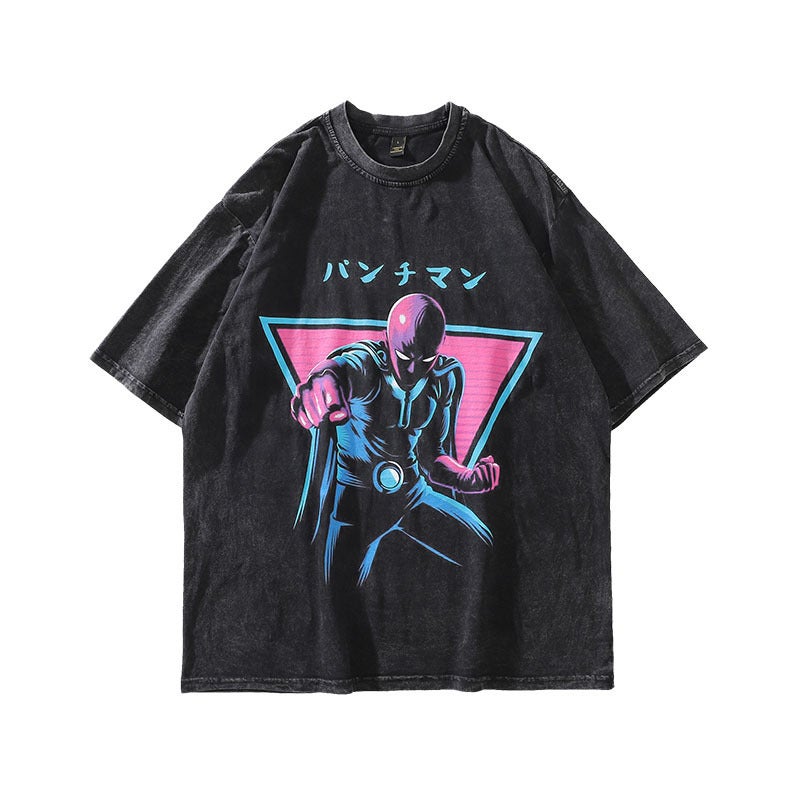 Heavy Cotton Vintage Cartoon Printed Washed Old Short-Sleeved T-Shirt Men'S American-Style Hip-Hop Half-Sleeved Tee - Image 1
