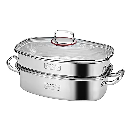 Eglaf إيغلَاف طباخ سمك بخار من الفولاذ المقاوم للصدأ ذو طبقتين، أدوات طهي مربعة متعددة الاستخدام مع رف وطبق سيراميك وقفازات فرن، وعاء للطهي بالبخار للسمك وحساء الغليان