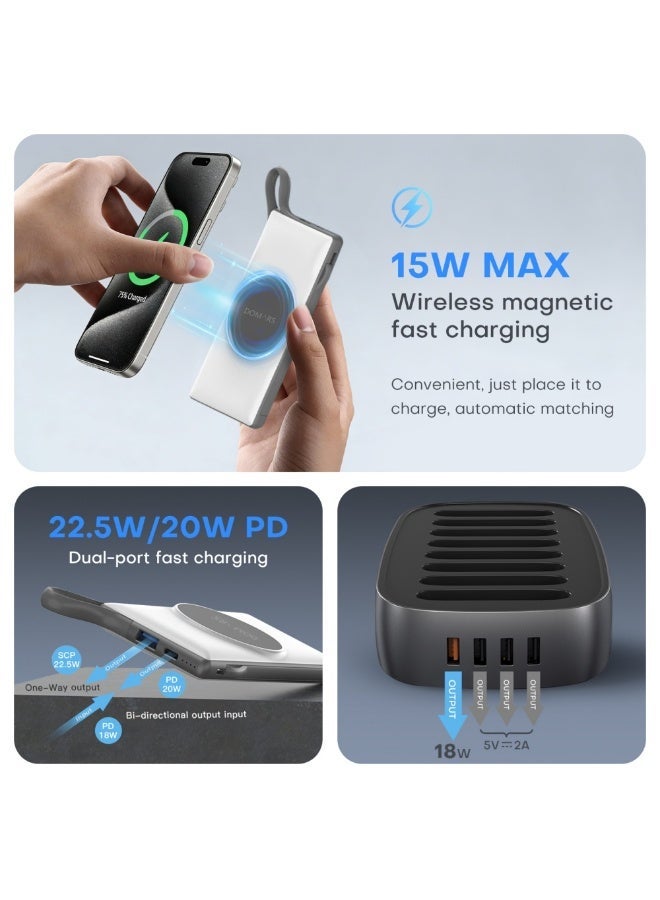 Domars Magnetic Power Banks 8-in-1 Charging Station Combo 8 X 10000mAh Shared Power Bank Kiosk, 15W Magnetic Wireless Charging 22.5W Super Built-in Fast Charging Cable Type-C Cable LED Display, Includes Charging Cable, Travel Charger External Battery Pack Compatible With iPhone 11/12/13/14/15/16/17 Pro Max Series Suitable For Hotels, Cafes, Family，Restaurants, Shopping Malls, And Exhibitions（White) - Image 3