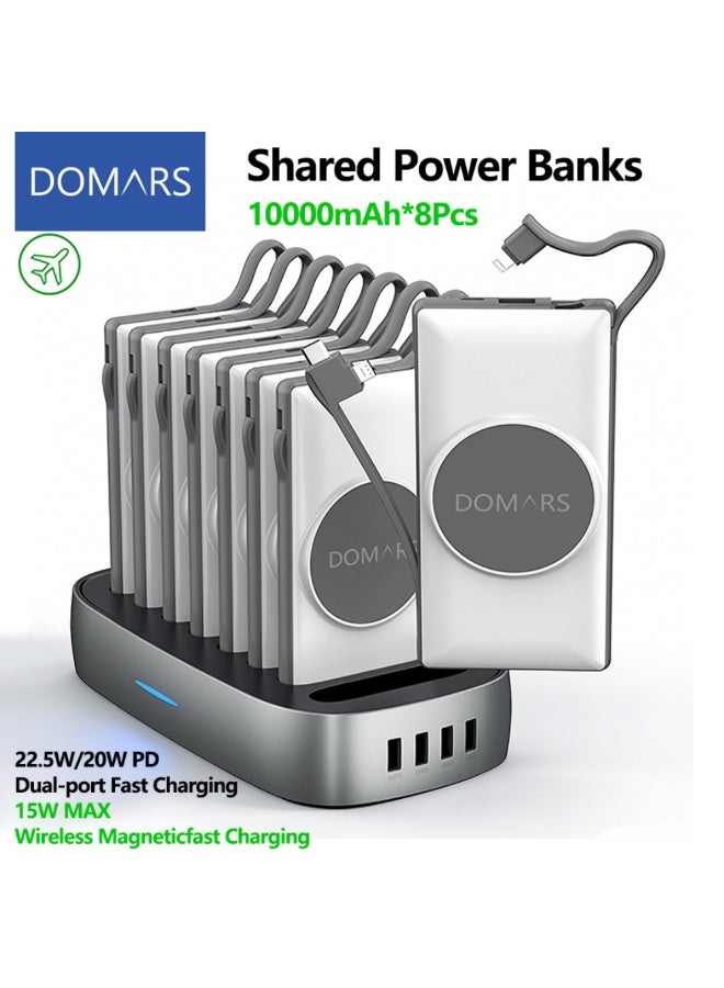 Domars Magnetic Power Banks 8-in-1 Charging Station Combo 8 X 10000mAh Shared Power Bank Kiosk, 15W Magnetic Wireless Charging 22.5W Super Built-in Fast Charging Cable Type-C Cable LED Display, Includes Charging Cable, Travel Charger External Battery Pack Compatible With iPhone 11/12/13/14/15/16/17 Pro Max Series Suitable For Hotels, Cafes, Family，Restaurants, Shopping Malls, And Exhibitions（White) - Image 1