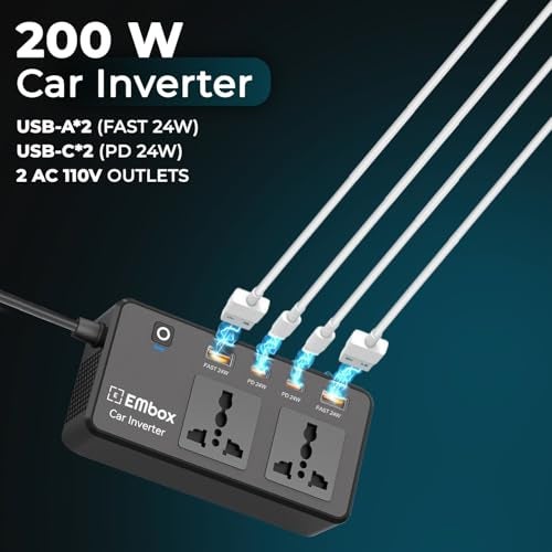 Embox 200W Car Power Inverter Laptop Charger with 2 USB (6.2A Max) & 2 C-Type (1 * 27WPD) Smart USB Ports, 2 AC Universal Outlets and 12V DC to 220V AC with QC3.0, White - Image 2