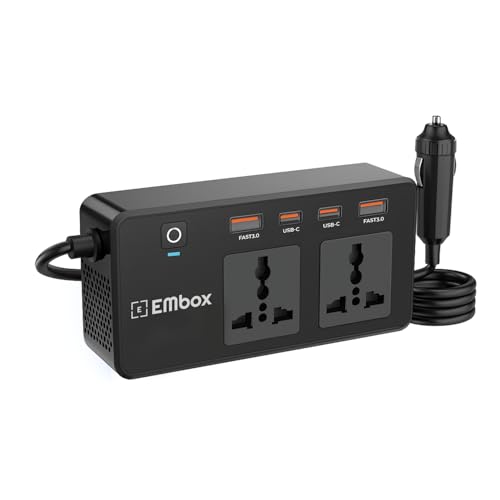 Embox 200W Car Power Inverter Laptop Charger with 2 USB (6.2A Max) & 2 C-Type (1 * 27WPD) Smart USB Ports, 2 AC Universal Outlets and 12V DC to 220V AC with QC3.0, White - Image 1