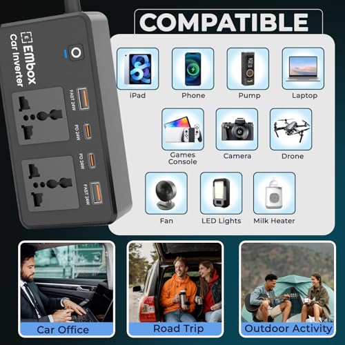 Embox 200W Car Power Inverter Laptop Charger with 2 USB (6.2A Max) & 2 C-Type (1 * 27WPD) Smart USB Ports, 2 AC Universal Outlets and 12V DC to 220V AC with QC3.0, White - Image 5