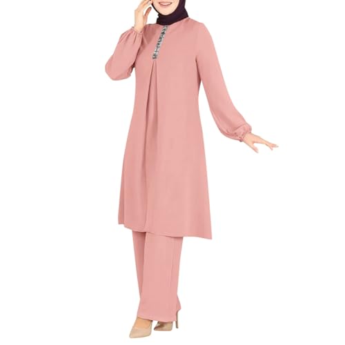 ODIZLI Muslim Clothes for Women 2 Piece Set Muslim Dress for Women Long Top Dress Modest Wide Leg Pants Kaftan Dubai Islamic Arabic Dress for Women Ramadan Eid Prayer Ethnic Shirts Dress Pink b M - Image 1