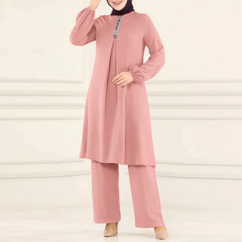 ODIZLI Muslim Clothes for Women 2 Piece Set Muslim Dress for Women Long Top Dress Modest Wide Leg Pants Kaftan Dubai Islamic Arabic Dress for Women Ramadan Eid Prayer Ethnic Shirts Dress Pink b M - Image 3