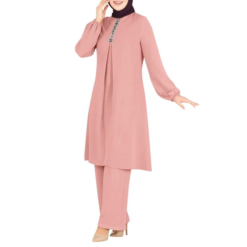 ODIZLI Muslim Clothes for Women 2 Piece Set Muslim Dress for Women Long Top Dress Modest Wide Leg Pants Kaftan Dubai Islamic Arabic Dress for Women Ramadan Eid Prayer Ethnic Shirts Dress Pink b M - Image 2