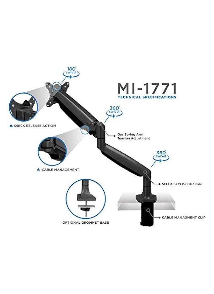 PROMASS - Single Monitor Arm Desk Mount | Gas Spring Monitor Arm | Full Motion Articulating Height Adjustable | Fits 21 22 23 24 27 30 32 Inch VESA Compatible Computer Screen | Clamp and Grommet Base - Image 1