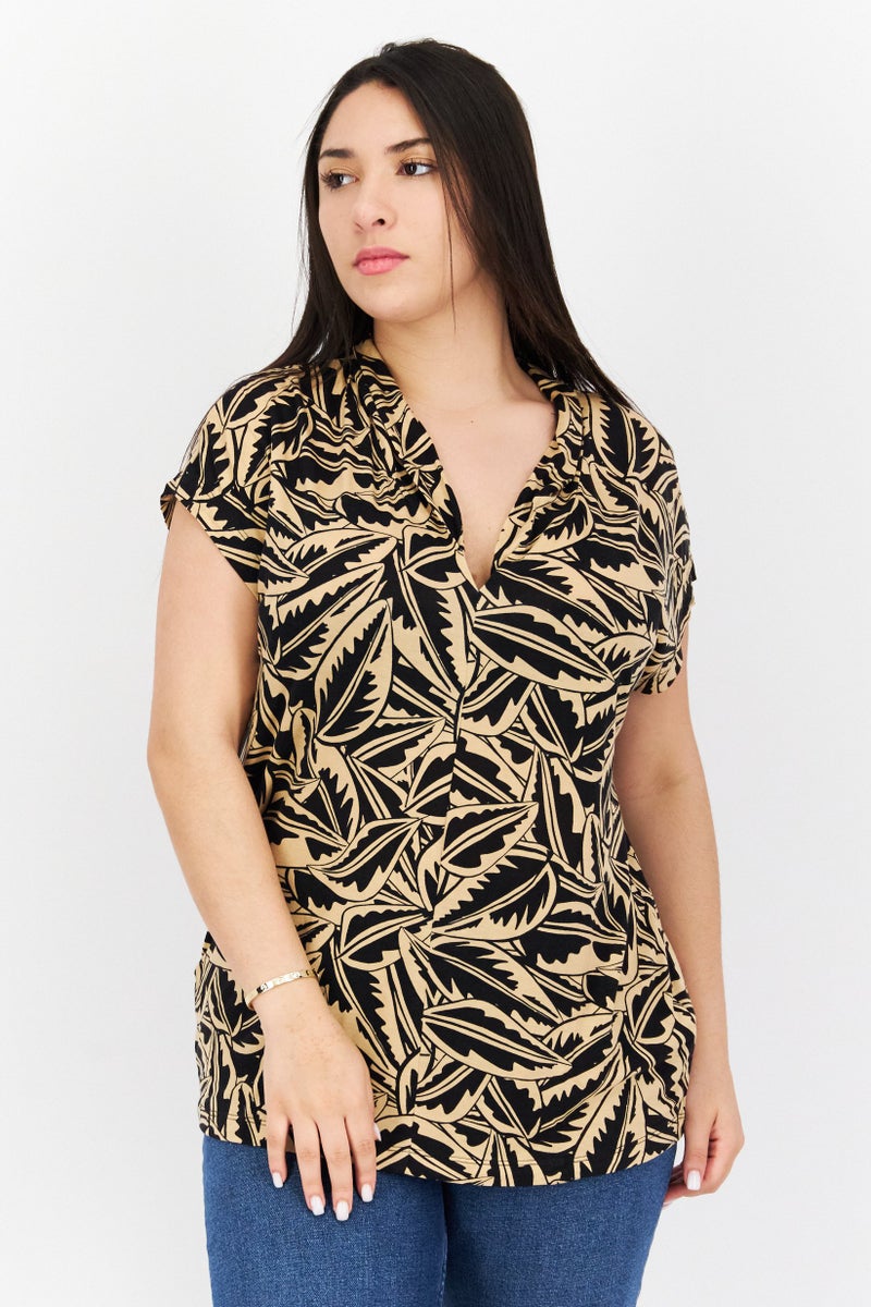 Tchibo Women V-Neck Short Sleeve Allover Print Top, Black Combo - Image 1