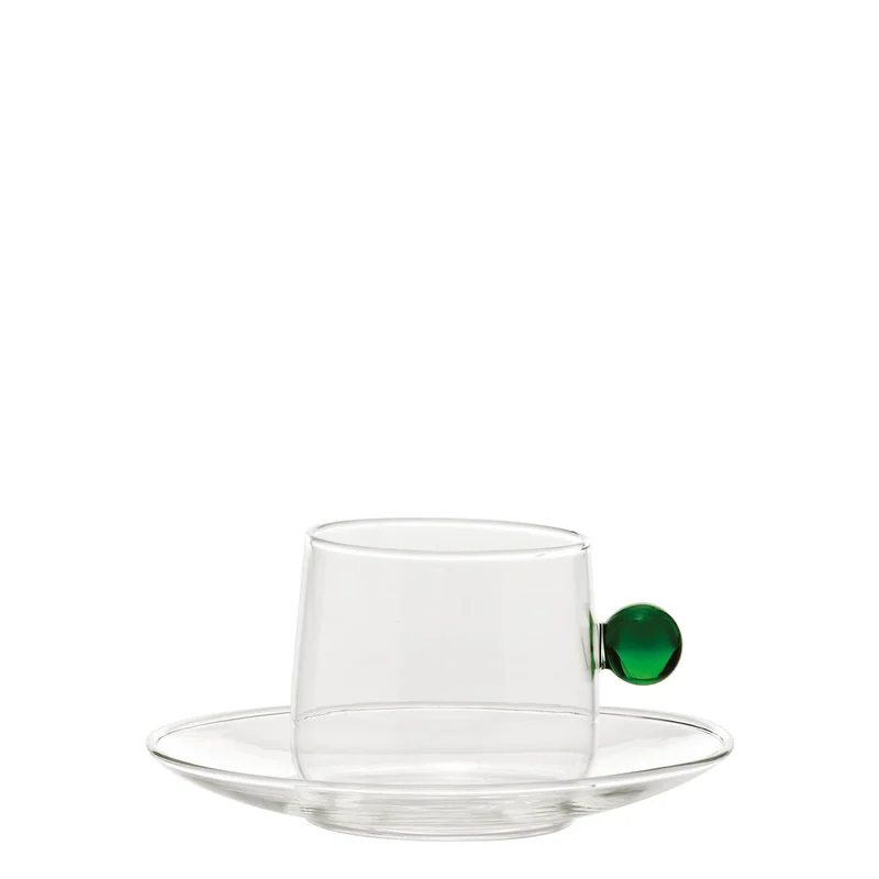 Zafferano Bilia Tea Cup Transparent Saucer/Cup, Ball Green Ø.75x65mm. CL.22 + PIAT.Ø.141x19mm.