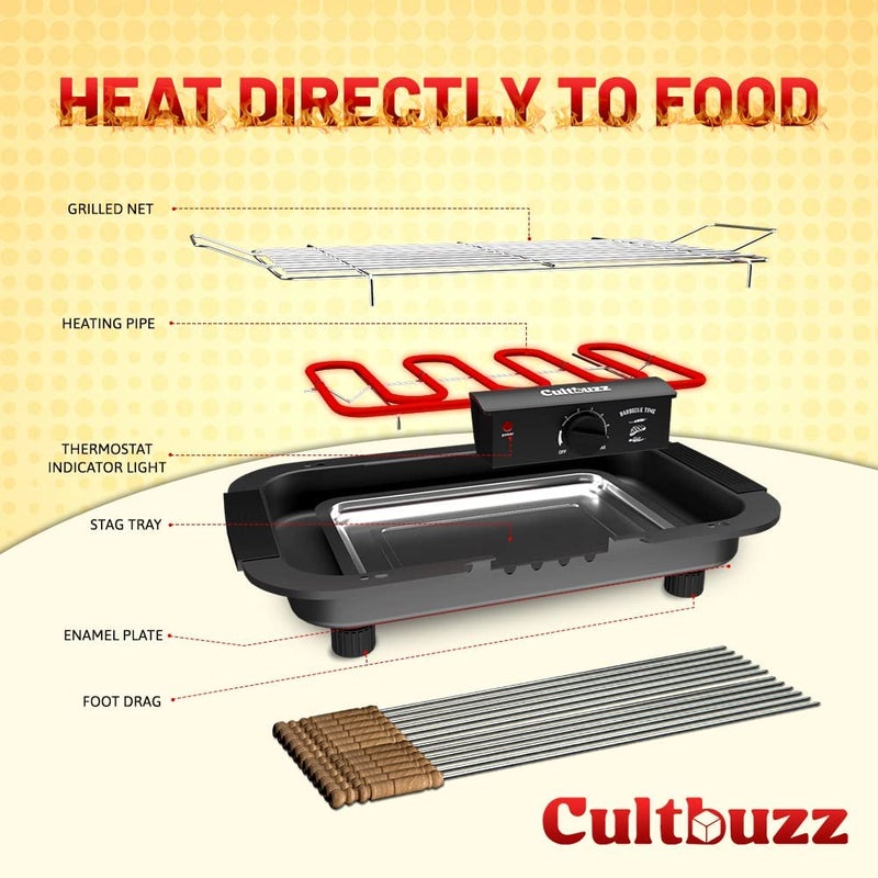 Cultbuzz 2000 Watt Electric Barbecue Grill Smokeless Portable Free Standing Adjustable Temperature Control Indoor And Outdoor Barbeque Grill For Home Removable Water Filled Drip Tray (Best Bbq, Black) - Image 5