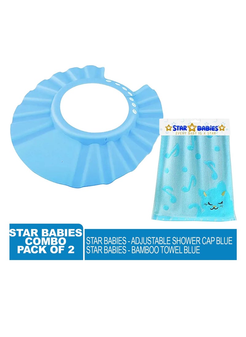 STAR BABiES نجوم الأطفال - حزمة كومبو من 2 - قبعة استحمام قابلة للتعديل مع منشفة من الخيزران - زرقاء  - Image 2