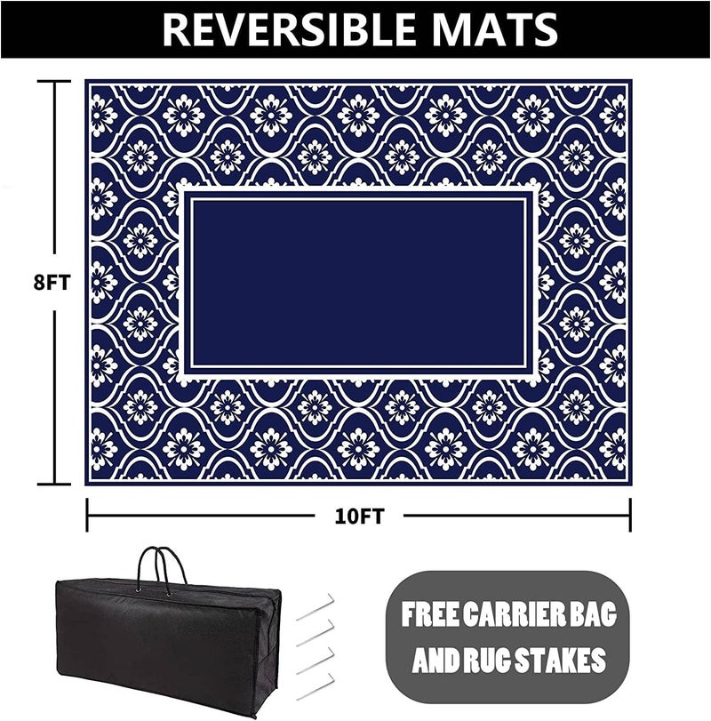 HUGEAR Outdoor Rug 8x10 Patio Camping Carpet Waterproof Mat Blue Outside Plastic Area Rug Reversible Rugs for RV Deck Entryance Porch Picnic Balcony Beach(8x10ft Navy Blue&White) - Image 2