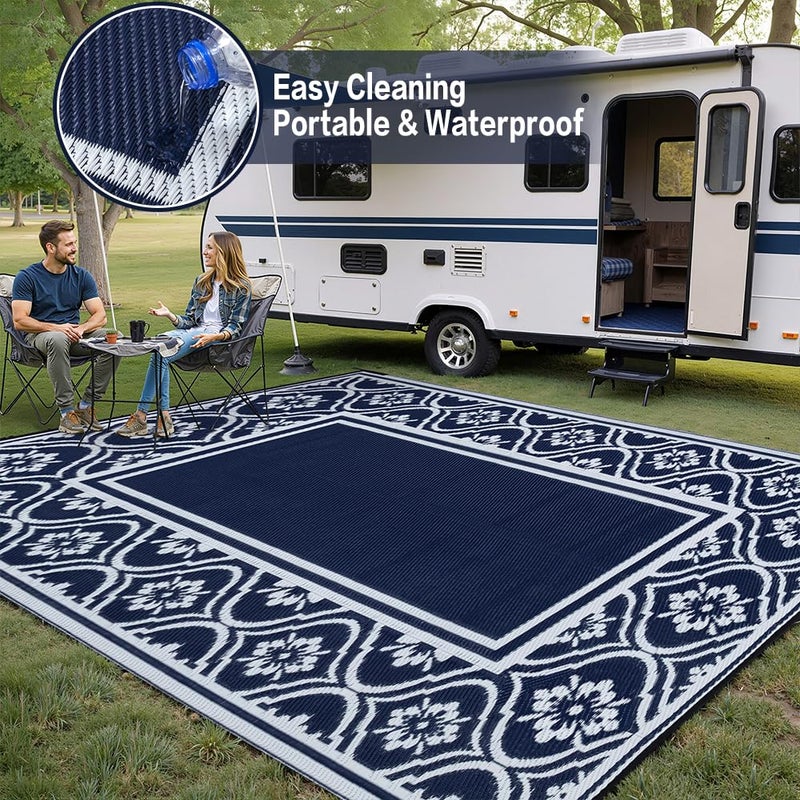 HUGEAR Outdoor Rug 8x10 Patio Camping Carpet Waterproof Mat Blue Outside Plastic Area Rug Reversible Rugs for RV Deck Entryance Porch Picnic Balcony Beach(8x10ft Navy Blue&White) - Image 5