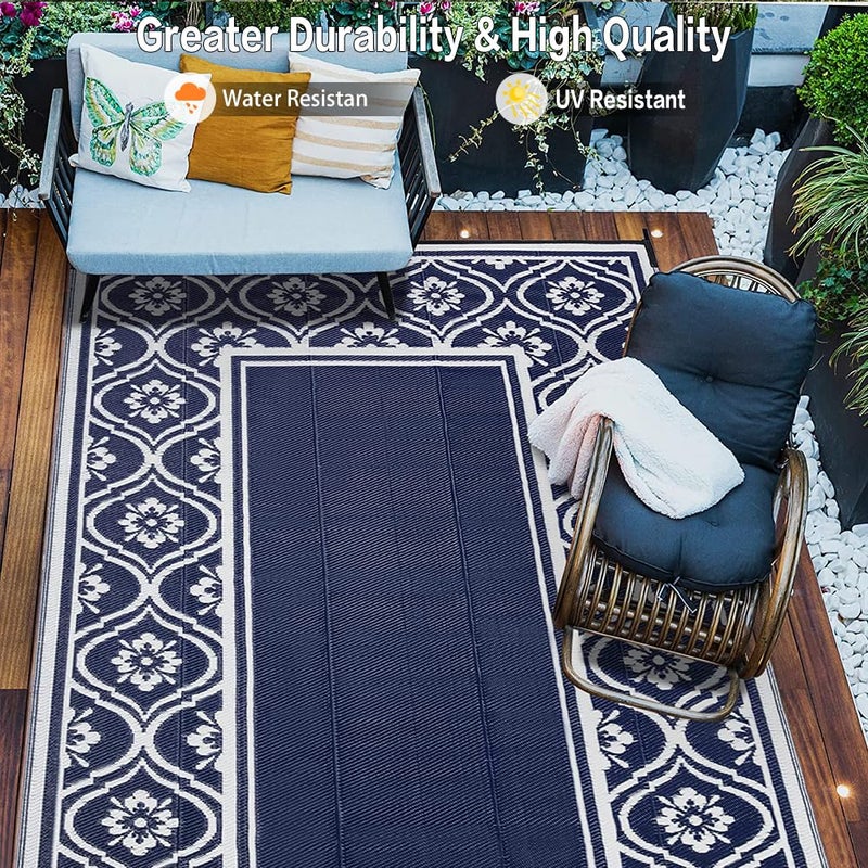 HUGEAR Outdoor Rug 8x10 Patio Camping Carpet Waterproof Mat Blue Outside Plastic Area Rug Reversible Rugs for RV Deck Entryance Porch Picnic Balcony Beach(8x10ft Navy Blue&White) - Image 4