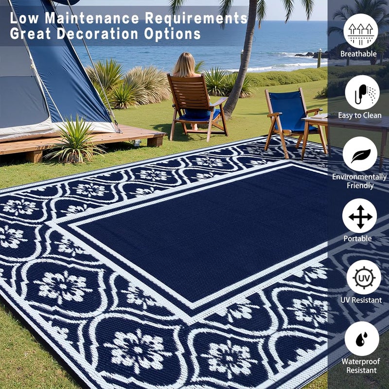 HUGEAR Outdoor Rug 8x10 Patio Camping Carpet Waterproof Mat Blue Outside Plastic Area Rug Reversible Rugs for RV Deck Entryance Porch Picnic Balcony Beach(8x10ft Navy Blue&White) - Image 3