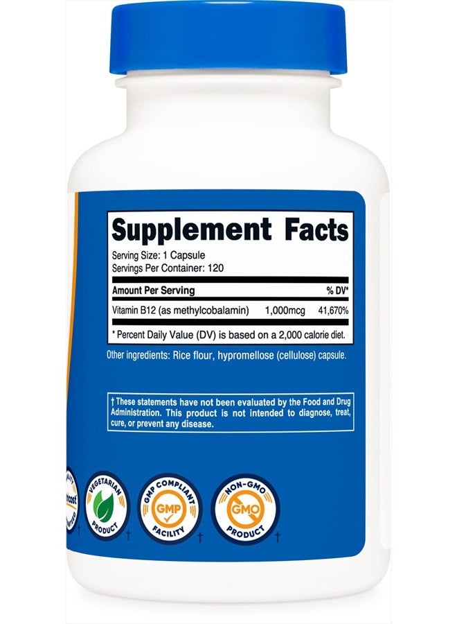 Nutricost فيتامين ب12 (ميثيلكوبالامين) 1000 ميكروغرام، 120 كبسولة - نباتي، غير معدل وراثيًا وخالي من الغلوتين مكمل ب12 - Image 4