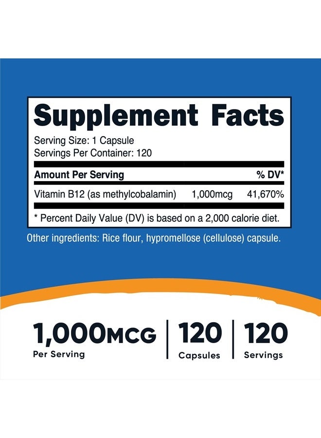 Nutricost فيتامين ب12 (ميثيلكوبالامين) 1000 ميكروغرام، 120 كبسولة - نباتي، غير معدل وراثيًا وخالي من الغلوتين مكمل ب12 - Image 2