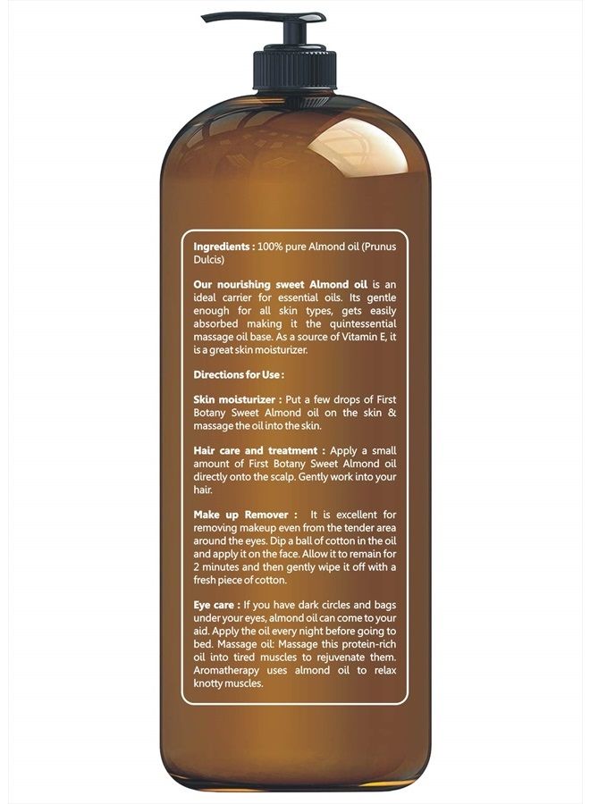 FIRST BOTANY COSMECEUTICALS زيت اللوز الحلو المعصور على البارد - جودة AAA+ ثلاثية، للشعر، للبشرة وللوجه، 100% نقي وطبيعي مع مضخة، 16 أونصة سائلة - Image 2