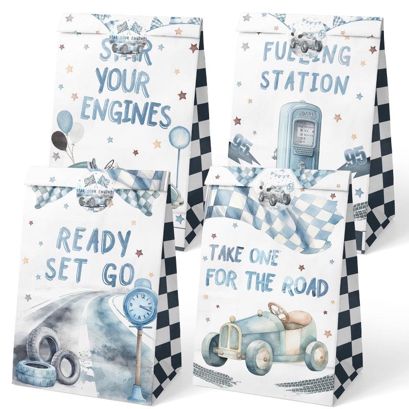 HaPiBiDesign Race Car Party Favor Bags  24 Pcs with Stickers  Watercolor Race Car Themed Birthday Party Supplies