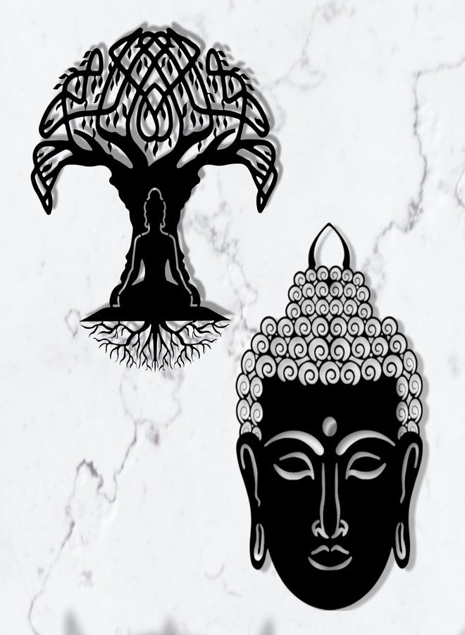 WEHUKOR Buddha tree and face (pack of 2) Metal Wall Hanging Arts Home Decor, For Bedroom,Living,Drawing room,Hotel,Office,Farmhouse,monestry(21.7x14.5inch & 19x18.5 inch, Black) - Image 1
