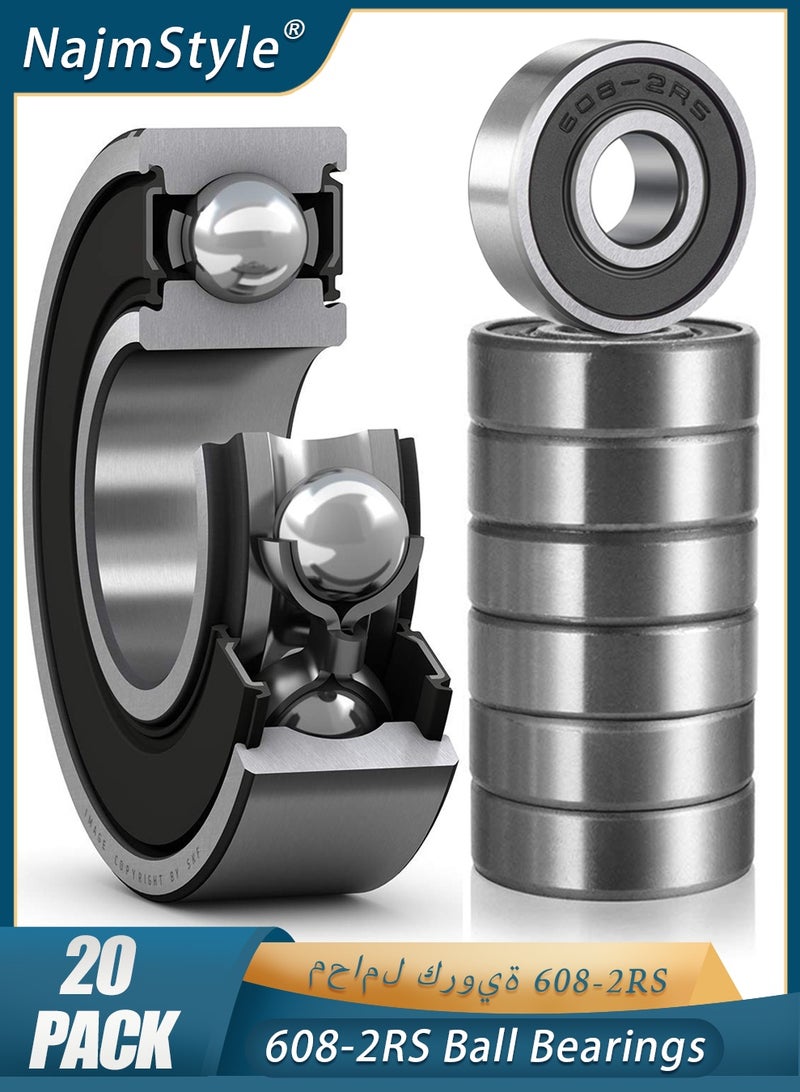 NajmStyle 608 2RS Ball Bearings, Bearing Steel and Double Rubber Sealed Miniature Deep Groove Ball Bearings for Skateboards Inline Skate Scooter Roller Blade Skates Long Boards - Image 1