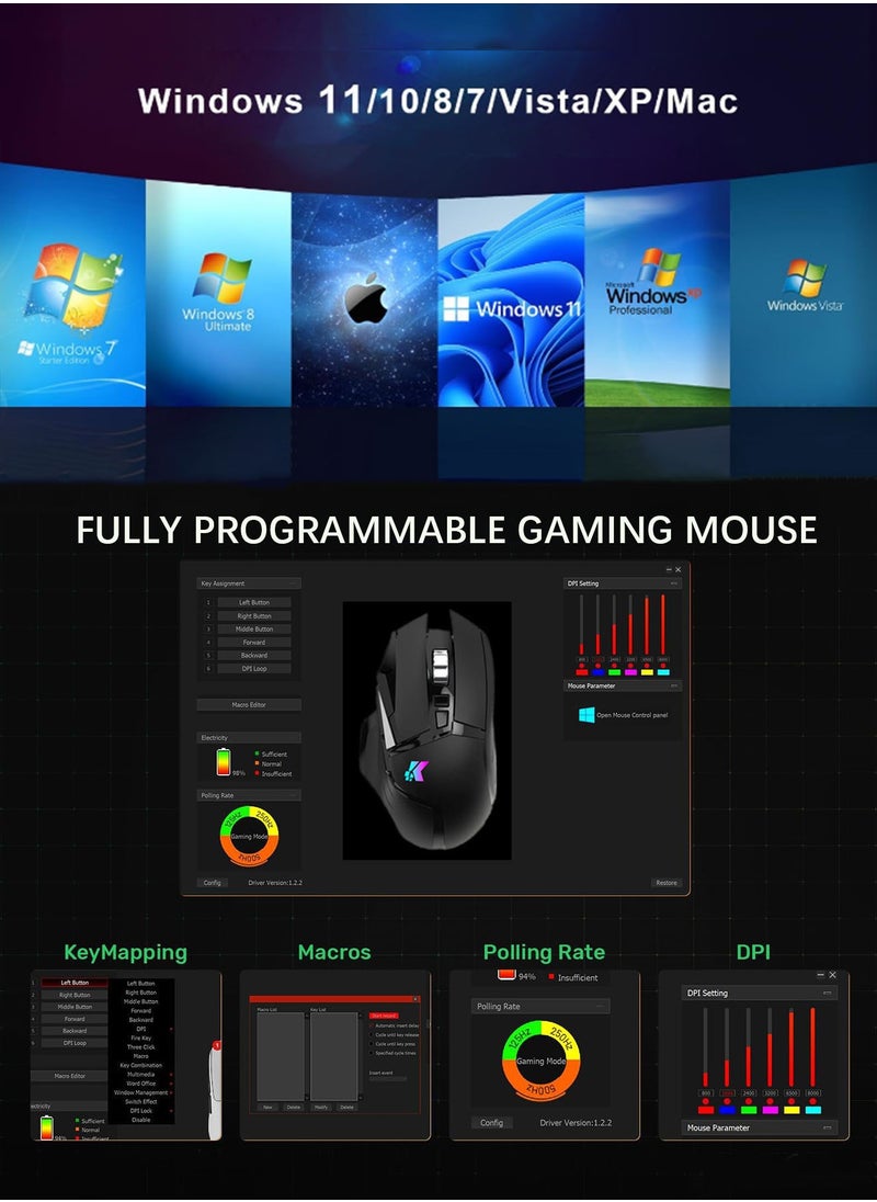 POWER LIFE - GK502 Gaming Mouse Up to 10000 DPI,Rechargeable USB Wired 2.4GHz Wireless Dual Mode  Programmable Gaming Mice with 7 Dynamic LED Color Ergonomic for Laptop, Mac, PC Etc - Image 1