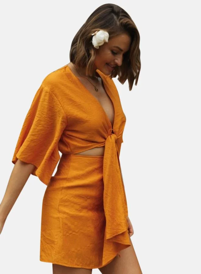 يونيكي Orange Flared Sleeve Cotton Fit & Flare Dress