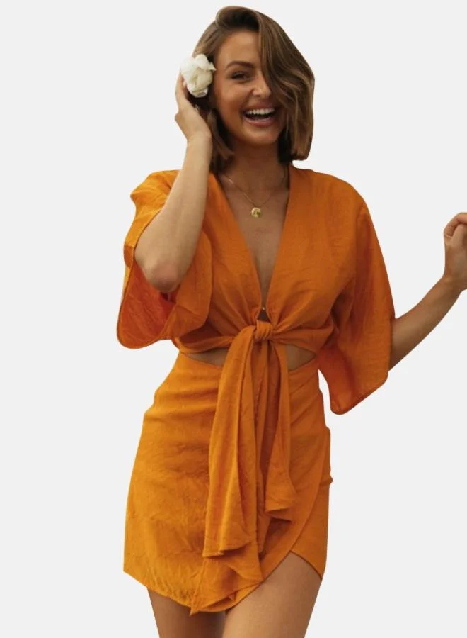 يونيكي Orange Flared Sleeve Cotton Fit & Flare Dress