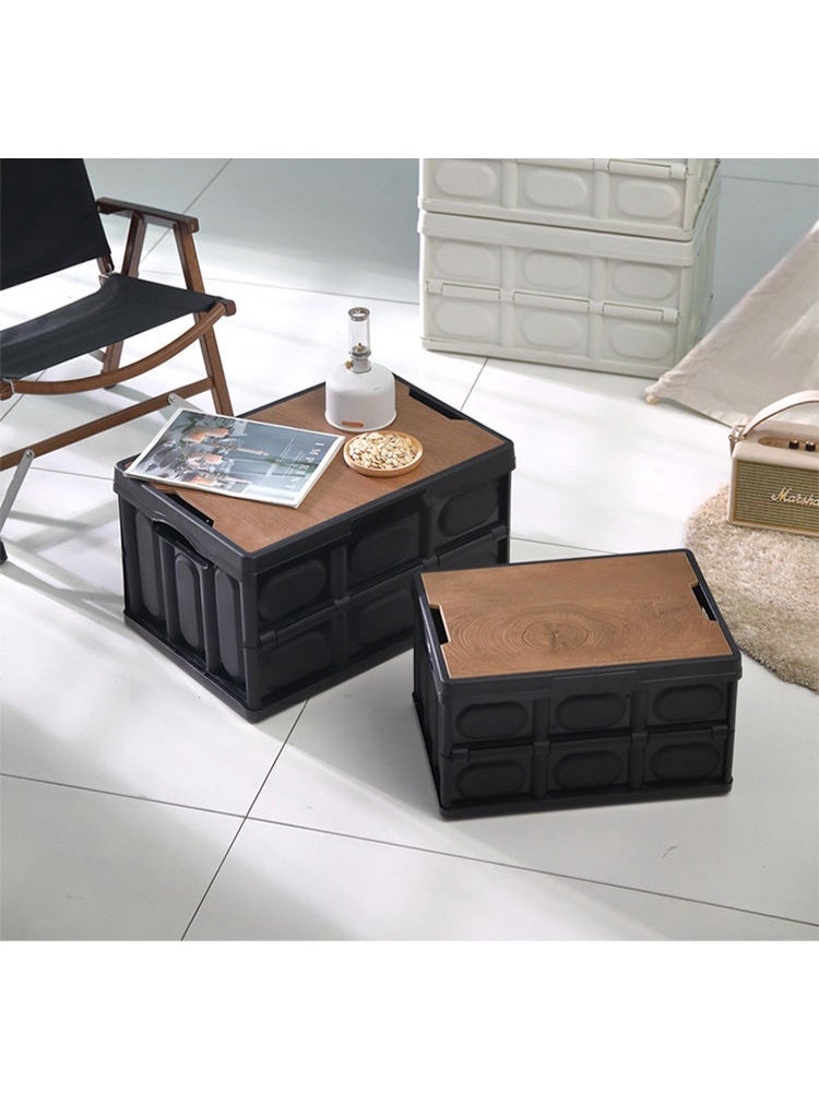 Foldable Storage Box with Wooden Lid - 55L Large Capacity Collapsible Organizer Bin - Heavy Duty Plastic Crate for Home, Camping, Trunk, and Office - Image 1
