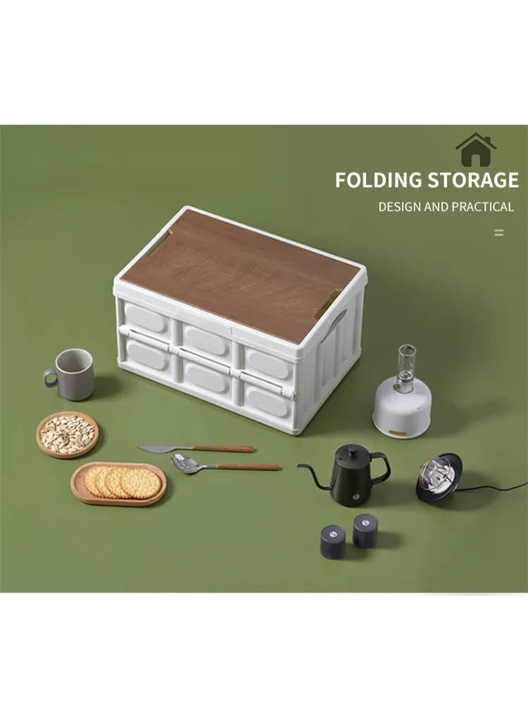 Foldable Storage Box with Wooden Lid - 55L Large Capacity Collapsible Organizer Bin - Heavy Duty Plastic Crate for Home, Camping, Trunk, and Office - Image 2