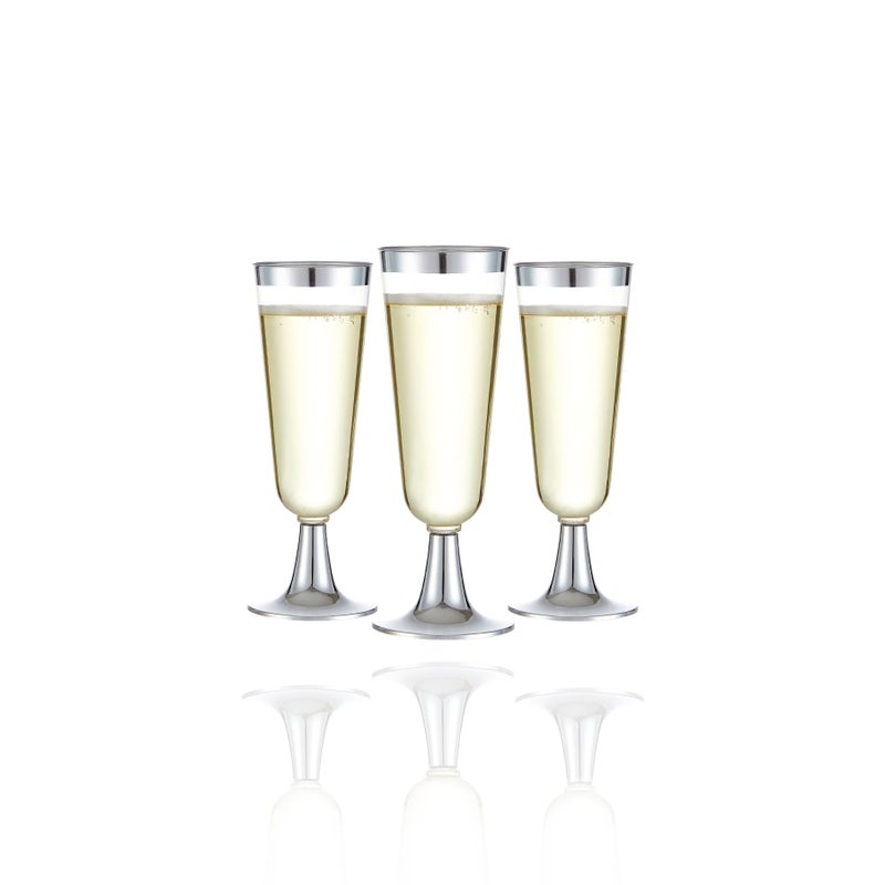N9R 24pcs Plastic Champagne Flutes with Silver Rim Clear Disposable Champagne Glasses 5 Oz Perfect for Wedding and Party Toasting