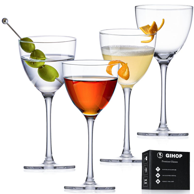 GIHOP Nick and Nora Cocktail Glasses 58Oz Hand Blown Martini Glasses Set of 4 100 LeadFree Crystal Coupe Glassware Small Cocktail Glasses for Manhattan Cosmopolitan Espresso with Gift Box