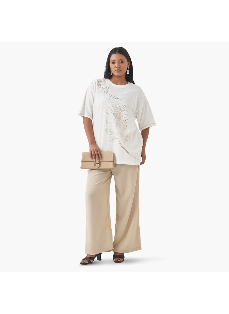  أولا بوبكن Plus Size Ulla Popken Floral Print T-shirt with Round Neck