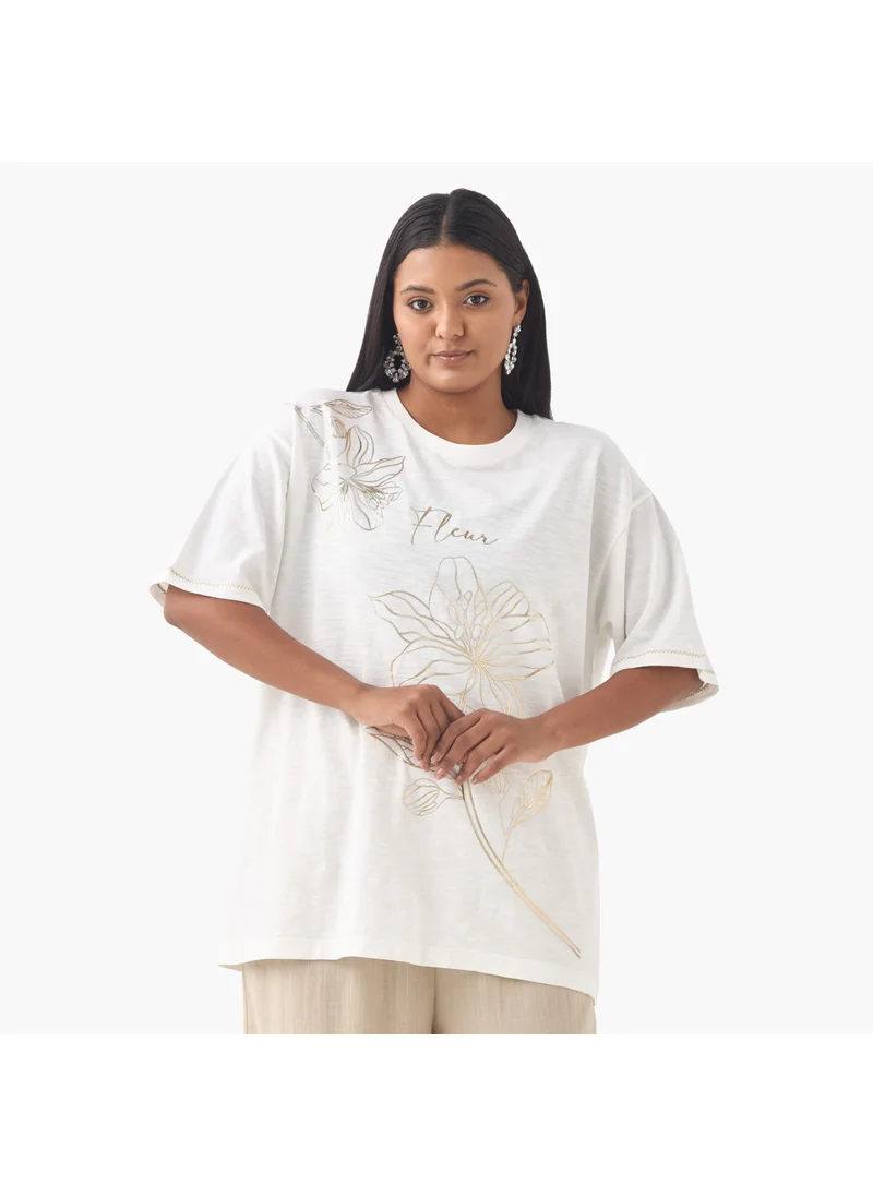Ulla Popken Plus Size Ulla Popken Floral Print T-shirt with Round Neck