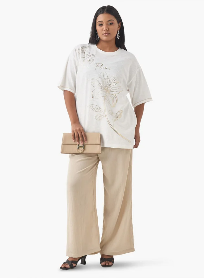 Ulla Popken Plus Size Ulla Popken Floral Print T-shirt with Round Neck