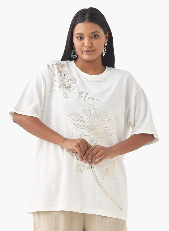 Ulla Popken Plus Size Ulla Popken Floral Print T-shirt with Round Neck