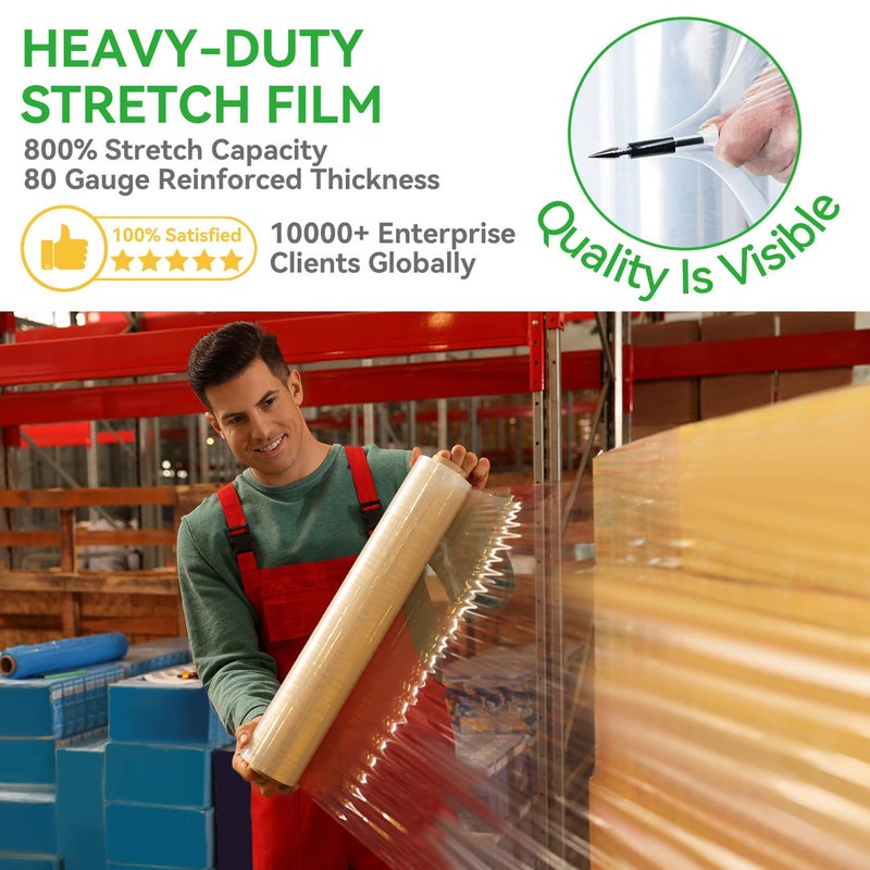 PAFEI 18" x 1500' Plastic Stretch/Shrink Wrap Roll - 80 Gauge Industrial Shrink Wrap for Moving, Heavy Duty 800% Stretch for Pallets, Packing, Shipping&Furniture Protectionâ€‹-4 Rolls - Image 2