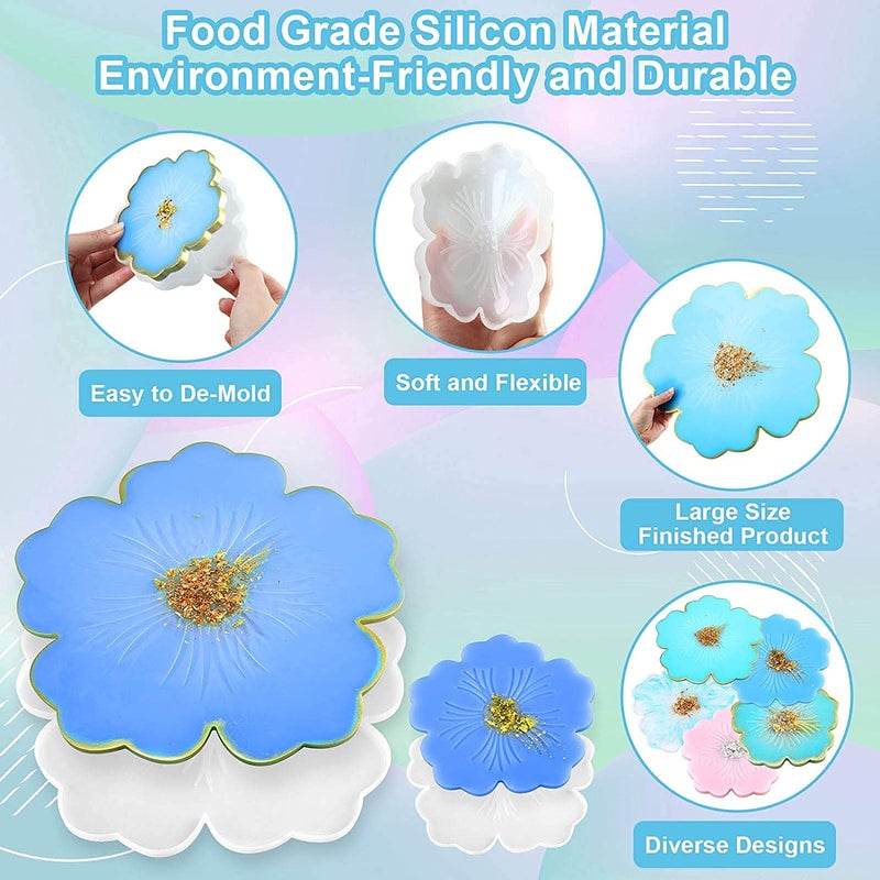 ArtBee 4pcs Coaster Moulds for Resin Casting 1pc Handle Epoxy Molud for Flower Shape Tray DIY Home Decoration 4pcs - Image 3